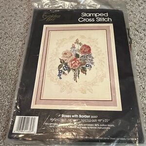 Golden Bee Roses with Border Stamped Cross Stitch Kit 14" x 18" Leaf Floral 90s